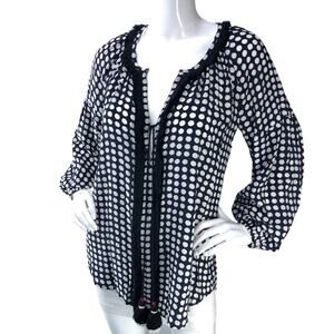 Figue Womens Size S Blouse Navy Blue White Polka Dot Top Ruffle Trim Tassels